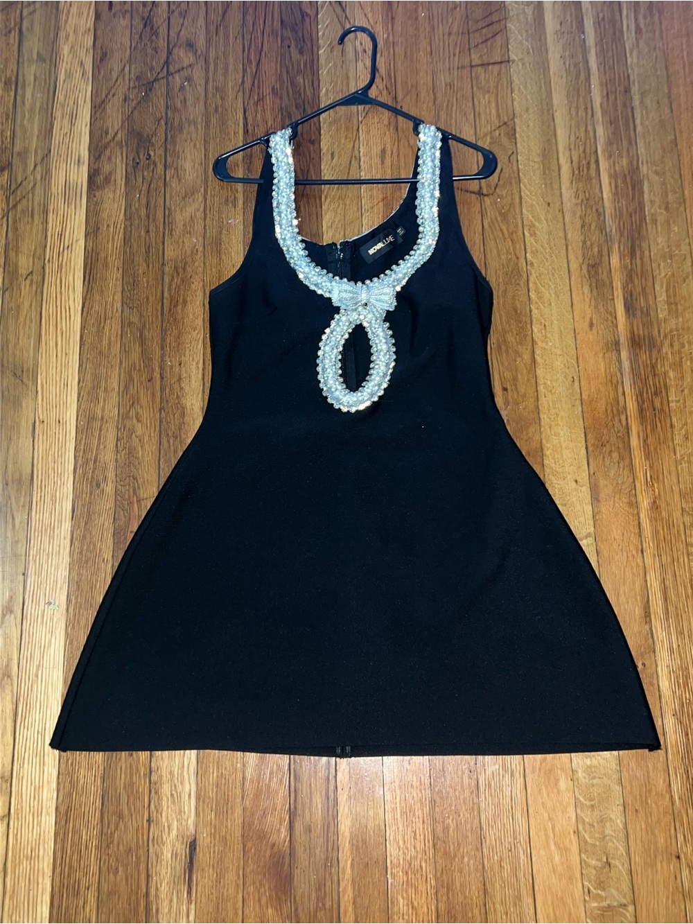 Fashion Nova Black Midi Dress with Pearl-Style Embellished Neckline Accent